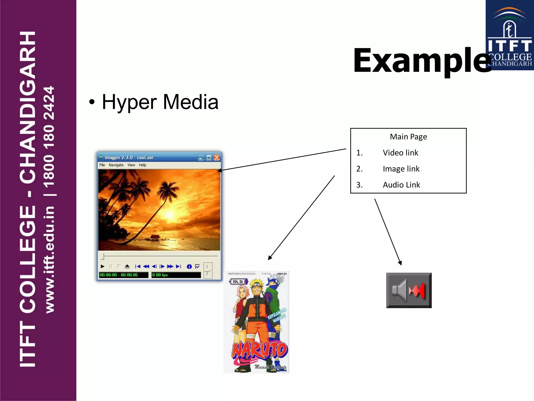 Example
• Hyper Media
Main Page
1. Video link
2. Image link
3. Audio Link
 