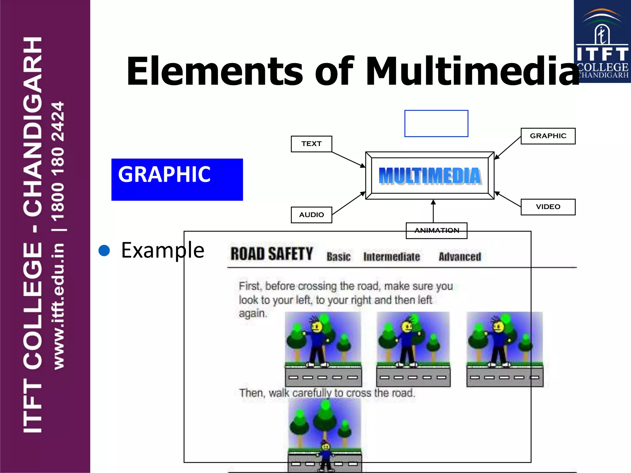 Elements of Multimedia
GRAPHIC
TEXT
AUDIO
GRAPHIC
VIDEO
ANIMATION
 Example
 