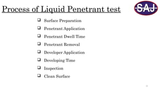 14
Process of Liquid Penetrant test
 Surface Preparation
 Penetrant Application
 Penetrant Dwell Time
 Penetrant Removal
 Developer Application
 Developing Time
 Inspection
 Clean Surface
 