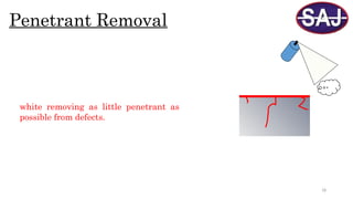 18
Penetrant Removal
white removing as little penetrant as
possible from defects.
 