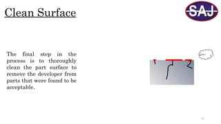 21
Clean Surface
The final step in the
process is to thoroughly
clean the part surface to
remove the developer from
parts that were found to be
acceptable.
 