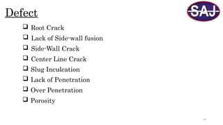 42
Defect
 Root Crack
 Lack of Side-wall fusion
 Side-Wall Crack
 Center Line Crack
 Slug Inculcation
 Lack of Penetration
 Porosity
 Over Penetration
 