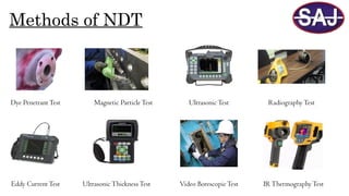 Methods of NDT
Dye PenetrantTest Magnetic ParticleTest UltrasonicTest Radiography Test
Eddy Current Test Ultrasonic ThicknessTest Video BorescopicTest IRThermography Test
 