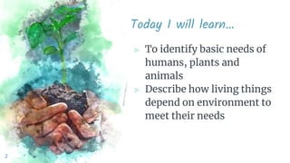 Today I will learn…
⪢ To identify basic needs of
humans, plants and
animals
⪢ Describe how living things
depend on environment to
meet their needs
2
 