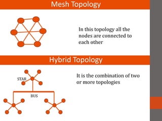 Mesh Topology
In this topology all the
nodes are connected to
each other
Hybrid Topology
STAR
BUS
It is the combination of two
or more topologies
 