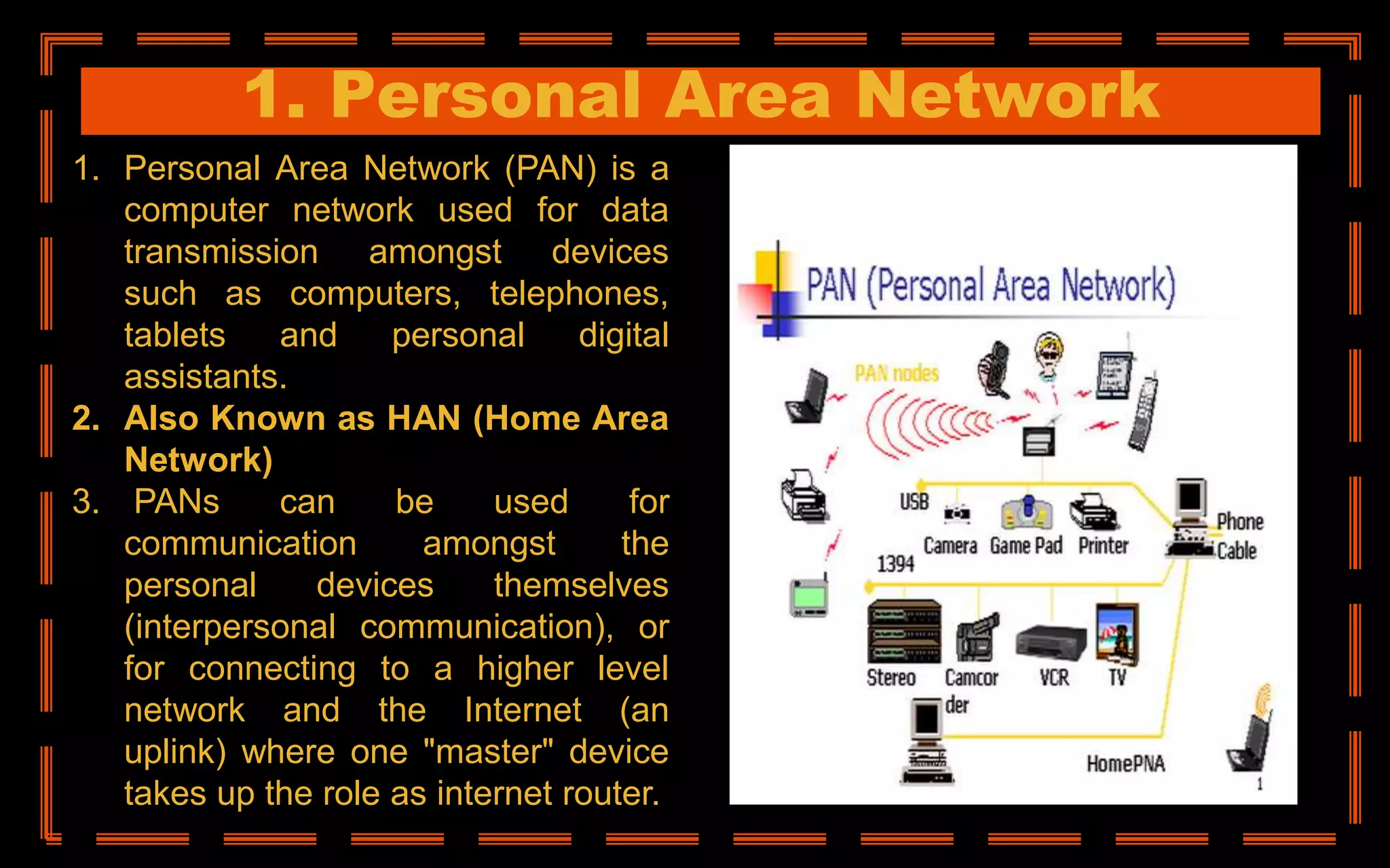 1. Personal Area Network
1. Personal Area Network (PAN) is a
computer network used for data
transmission amongst devices
such as computers, telephones,
tablets and personal digital
assistants.
2. Also Known as HAN (Home Area
Network)
3. PANs can be used for
communication amongst the
personal devices themselves
(interpersonal communication), or
for connecting to a higher level
network and the Internet (an
uplink) where one "master" device
takes up the role as internet router.
 