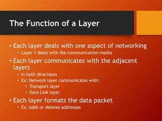 The Function of a Layer 
• Each layer deals with one aspect of networking 
• Layer 1 deals with the communication media 
• Each layer communicates with the adjacent 
layers 
• In both directions 
• Ex: Network layer communicates with: 
• Transport layer 
• Data Link layer 
• Each layer formats the data packet 
• Ex: Adds or deletes addresses 
 