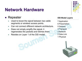 Network Hardware
 Repeater
 Used to boost the signal between two cable
segments or wireless access points.
 Can not connect different network architecture.
 Does not simply amplify the signal, it
regenerates the packets and retimes them.
 Resides on Layer 1 of the OSI model.
OSI Model Layers
7 Application
6 Presentation
5 Session
4 Transport
3 Network
2 Data Link
1 Physical
 
