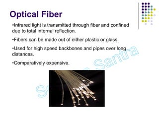 •Infrared light is transmitted through fiber and confined
due to total internal reflection.
•Fibers can be made out of either plastic or glass.
•Used for high speed backbones and pipes over long
distances.
•Comparatively expensive.
Optical Fiber
 