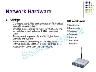 Network Hardware
 Bridge
 Connects two LANs and forwards or filters data
packets between them.
 Creates an extended network in which any two
workstations on the linked LANs can share
data.
 Transparent to protocols and to higher level
devices like routers.
 Forward data depending on the Hardware
(MAC) address, not the Network address (IP).
 Resides on Layer 2 of the OSI model.
OSI Model Layers
7 Application
6 Presentation
5 Session
4 Transport
3 Network
2 Data Link
1 Physical
 