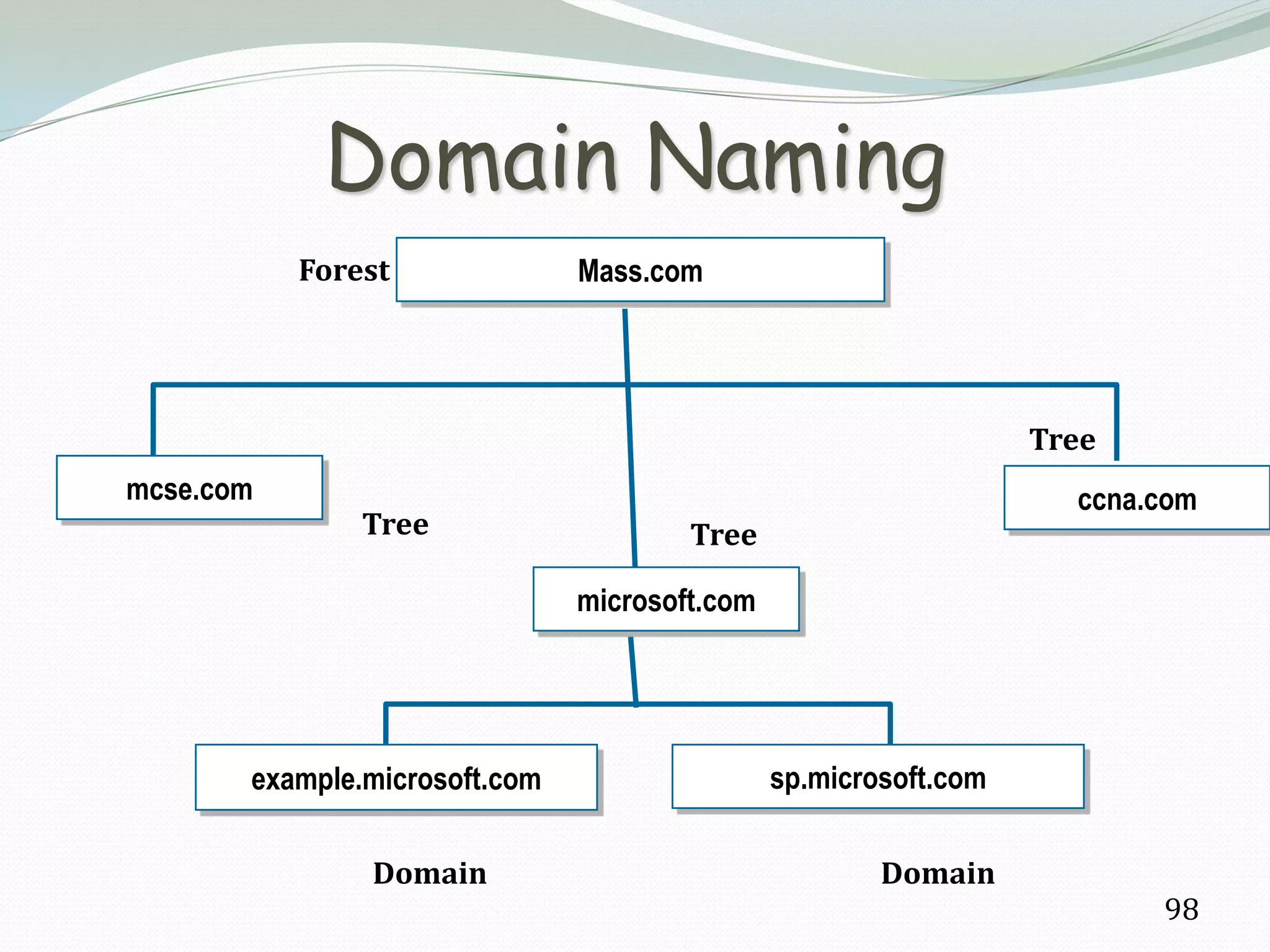Domain Naming
           Forest              Mass.com




                                                                  Tree
mcse.com                                                            ccna.com
               Tree                    Tree

                               microsoft.com




       example.microsoft.com                   sp.microsoft.com

               Domain                                  Domain
                                                                         98
 