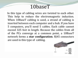 10baseT
In this type of cabling wires are twisted to each other.
 This help to reduce the electromagnetic induction.
 When 10BaseT cabling is used, a strand of cabling is
 inserted between each computer and a hub. If you have
 5 computers, you'll need 5 cables. Each cable cannot
 exceed 325 feet in length. Because the cables from all
 of the PCs converge at a common point, a 10BaseT
 network forms a star configuration. RJ45 connectors
 are used in this type of cabling.
 