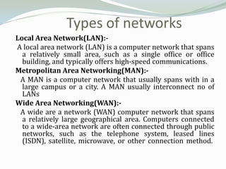 Types of networks
Local Area Network(LAN):-
A local area network (LAN) is a computer network that spans
  a relatively small area, such as a single office or office
  building, and typically offers high-speed communications.
Metropolitan Area Networking(MAN):-
 A MAN is a computer network that usually spans with in a
  large campus or a city. A MAN usually interconnect no of
  LANs
Wide Area Networking(WAN):-
 A wide are a network (WAN) computer network that spans
  a relatively large geographical area. Computers connected
  to a wide-area network are often connected through public
  networks, such as the telephone system, leased lines
  (ISDN), satellite, microwave, or other connection method.
 