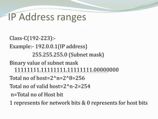 IP Address ranges
Class-C(192-223):-
Example:- 192.0.0.1(IP address)
          255.255.255.0 (Subnet mask)
Binary value of subnet mask
  11111111.11111111.11111111.00000000
Total no of host=2^n=2^8=256
Total no of valid host=2^n-2=254
n=Total no of Host bit
1 represents for network bits & 0 represents for host bits
 