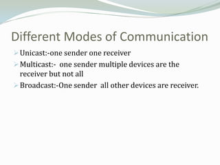 Different Modes of Communication
 Unicast:-one sender one receiver
 Multicast:- one sender multiple devices are the
  receiver but not all
 Broadcast:-One sender all other devices are receiver.
 