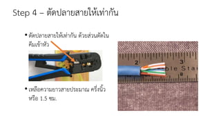 Step 4 – ตัดปลายสายให้เท่ากัน
•ตัดปลายสายให้เท่ากัน ด้วยส่วนตัดใน
คีมเข้าหัว
•เหลือความยาวสายประมาณ ครึ่งนิ้ว
หรือ 1.5 ซม.
 