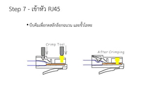 Step 7 - เข้าหัว RJ45
•บีบคีมเพื่อกดสลักล็อกฉนวน และขั้วโลหะ
 