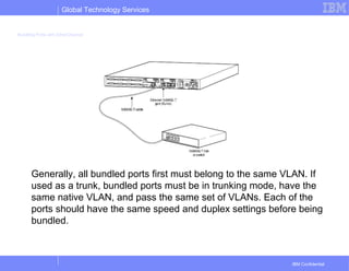 Global Technology Services
IBM Confidential
Bundling Ports with EtherChannel
Generally, all bundled ports first must belong to the same VLAN. If
used as a trunk, bundled ports must be in trunking mode, have the
same native VLAN, and pass the same set of VLANs. Each of the
ports should have the same speed and duplex settings before being
bundled.
 