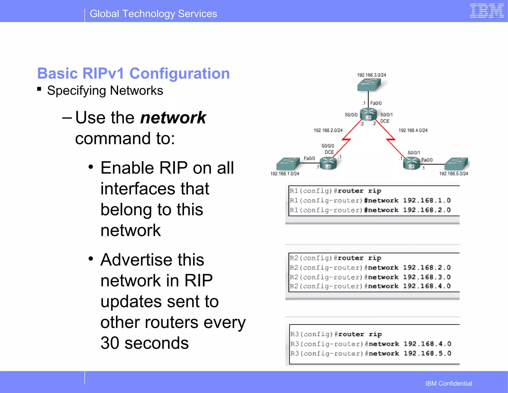 Global Technology Services
IBM Confidential
Basic RIPv1 Configuration
 Specifying Networks
– Use the network
command to:
• Enable RIP on all
interfaces that
belong to this
network
• Advertise this
network in RIP
updates sent to
other routers every
30 seconds
 