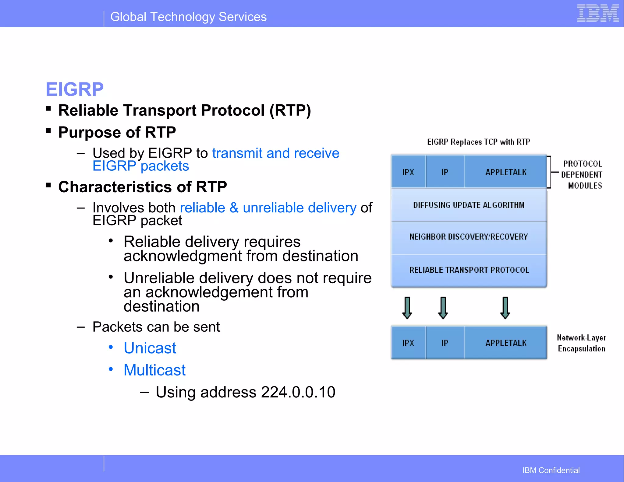 Global Technology Services
IBM Confidential
EIGRP
 Reliable Transport Protocol (RTP)
 Purpose of RTP
– Used by EIGRP to transmit and receive
EIGRP packets
 Characteristics of RTP
– Involves both reliable & unreliable delivery of
EIGRP packet
• Reliable delivery requires
acknowledgment from destination
• Unreliable delivery does not require
an acknowledgement from
destination
– Packets can be sent
• Unicast
• Multicast
– Using address 224.0.0.10
 