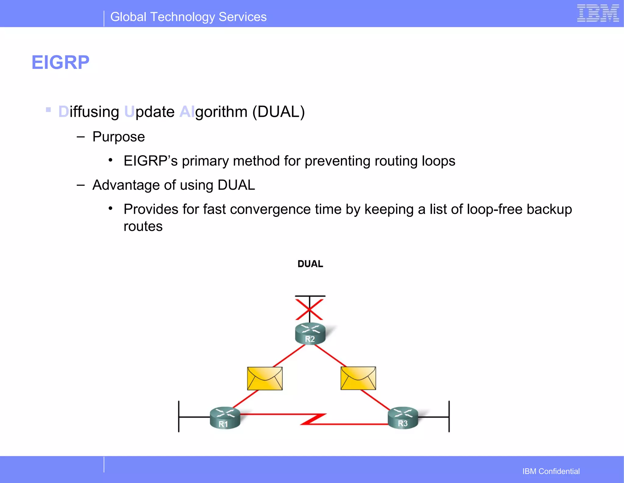 Global Technology Services
IBM Confidential
EIGRP
 Diffusing Update Algorithm (DUAL)
– Purpose
• EIGRP’s primary method for preventing routing loops
– Advantage of using DUAL
• Provides for fast convergence time by keeping a list of loop-free backup
routes
 
