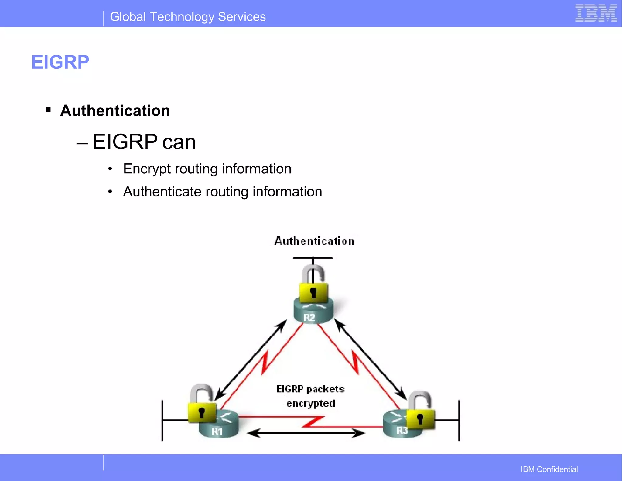 Global Technology Services
IBM Confidential
EIGRP
 Authentication
– EIGRP can
• Encrypt routing information
• Authenticate routing information
 