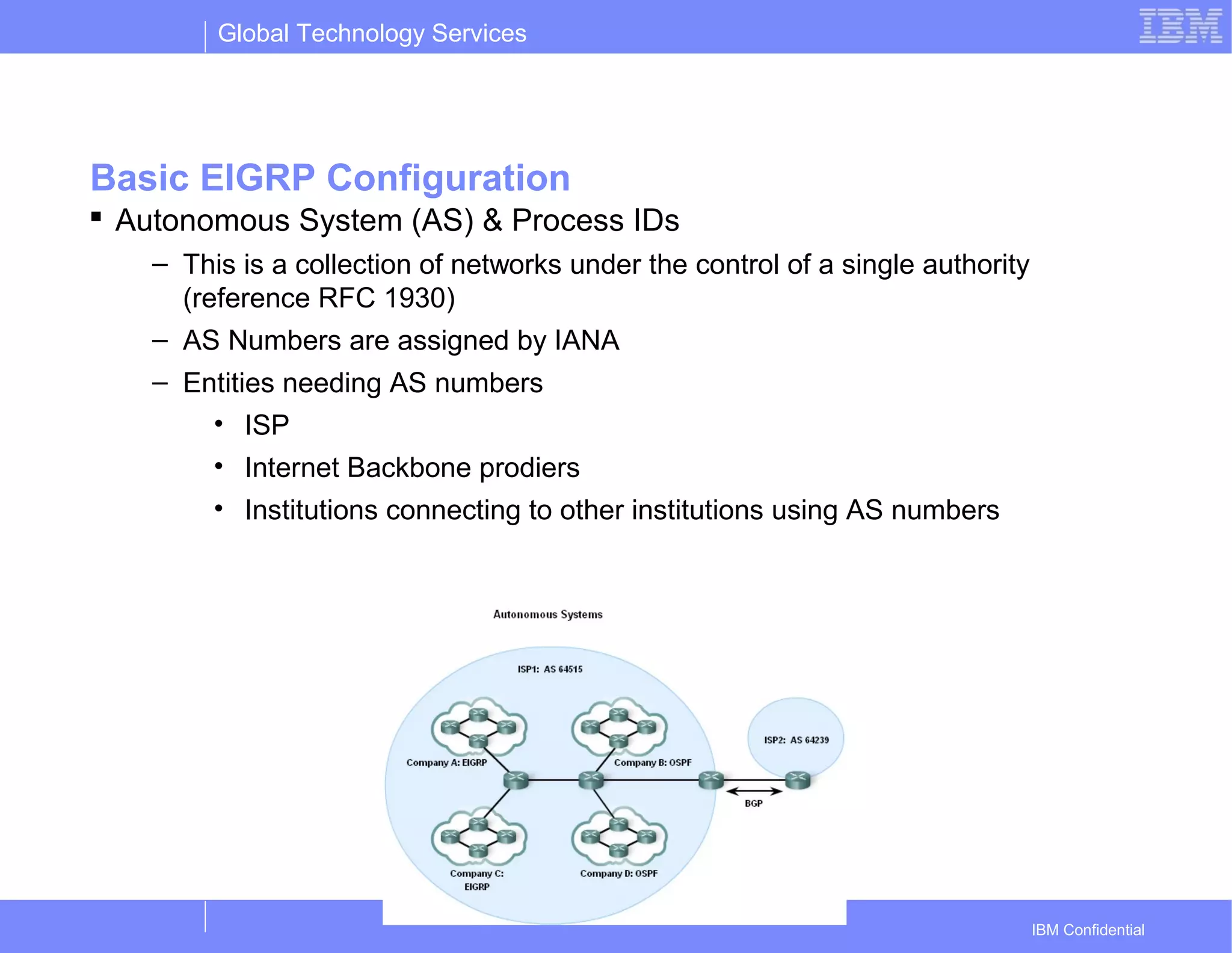 Global Technology Services
IBM Confidential
Basic EIGRP Configuration
 Autonomous System (AS) & Process IDs
– This is a collection of networks under the control of a single authority
(reference RFC 1930)
– AS Numbers are assigned by IANA
– Entities needing AS numbers
• ISP
• Internet Backbone prodiers
• Institutions connecting to other institutions using AS numbers
 