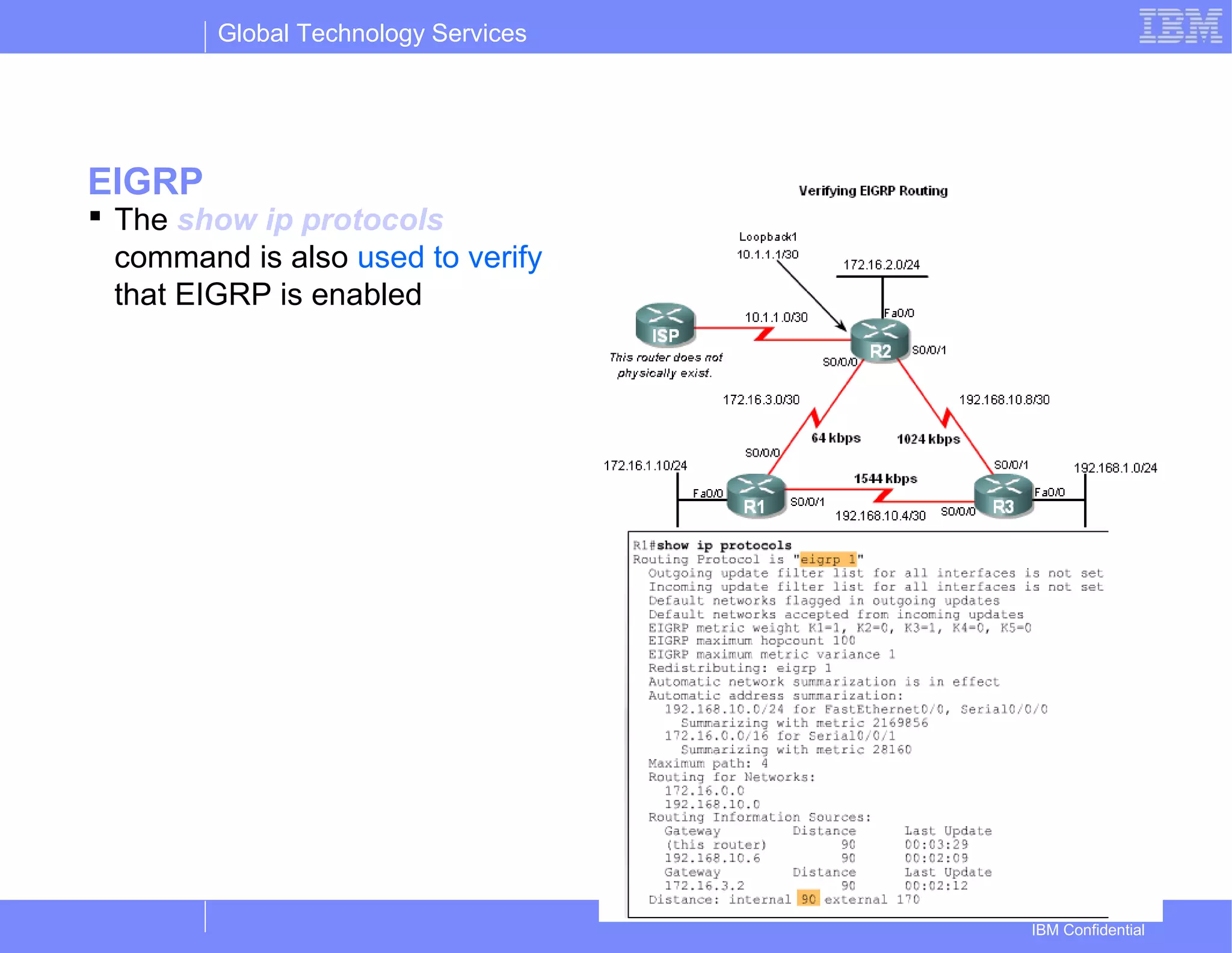 Global Technology Services
IBM Confidential
EIGRP
 The show ip protocols
command is also used to verify
that EIGRP is enabled
 