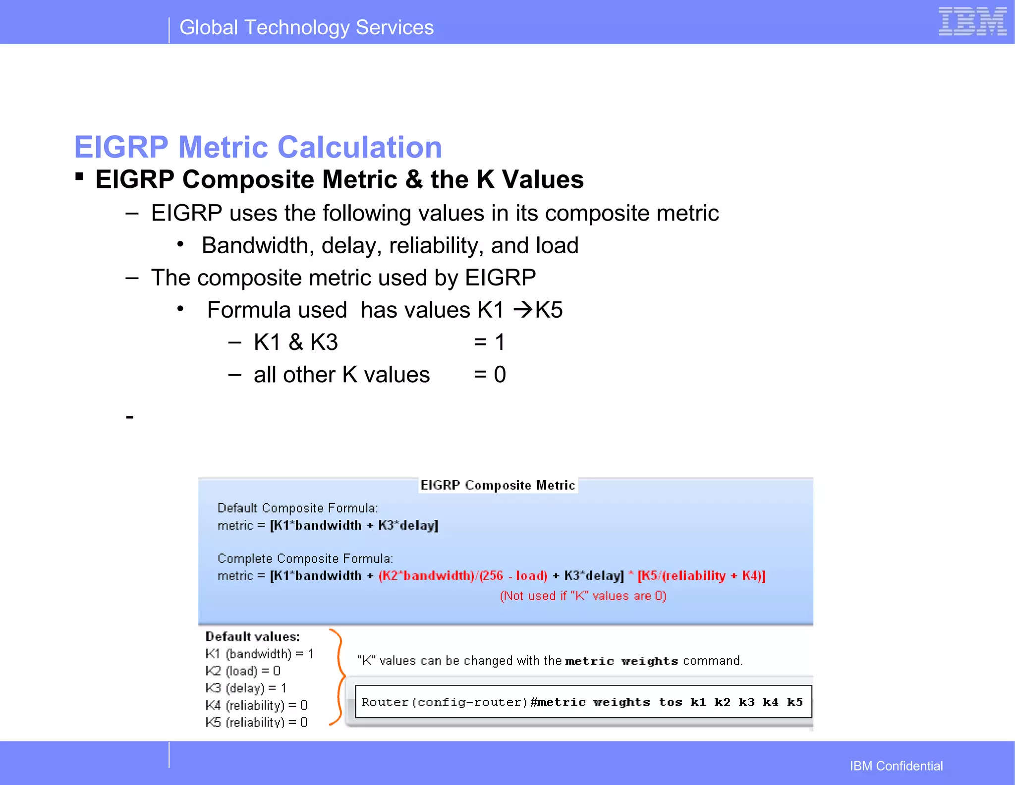 Global Technology Services
IBM Confidential
EIGRP Metric Calculation
 EIGRP Composite Metric & the K Values
– EIGRP uses the following values in its composite metric
• Bandwidth, delay, reliability, and load
– The composite metric used by EIGRP
• Formula used has values K1 K5
– K1 & K3 = 1
– all other K values = 0
-
 
