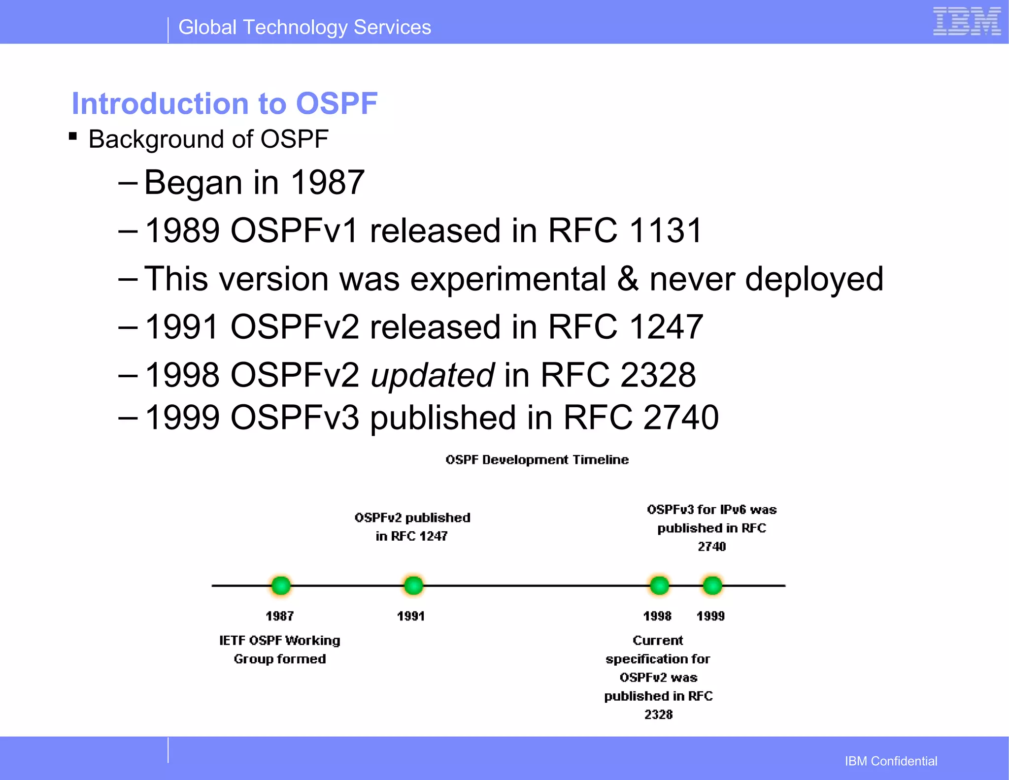 Global Technology Services
IBM Confidential
Introduction to OSPF
 Background of OSPF
– Began in 1987
– 1989 OSPFv1 released in RFC 1131
– This version was experimental & never deployed
– 1991 OSPFv2 released in RFC 1247
– 1998 OSPFv2 updated in RFC 2328
– 1999 OSPFv3 published in RFC 2740
 
