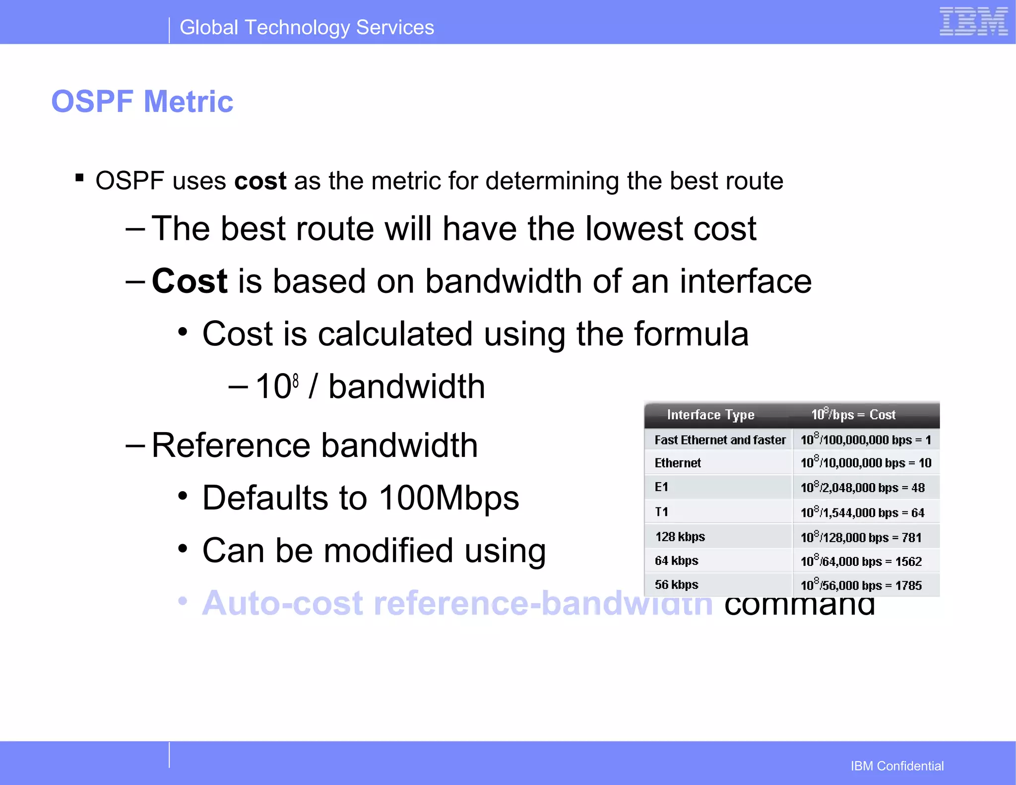 Global Technology Services
IBM Confidential
OSPF Metric
 OSPF uses cost as the metric for determining the best route
– The best route will have the lowest cost
– Cost is based on bandwidth of an interface
• Cost is calculated using the formula
– 108
/ bandwidth
– Reference bandwidth
• Defaults to 100Mbps
• Can be modified using
• Auto-cost reference-bandwidth command
 