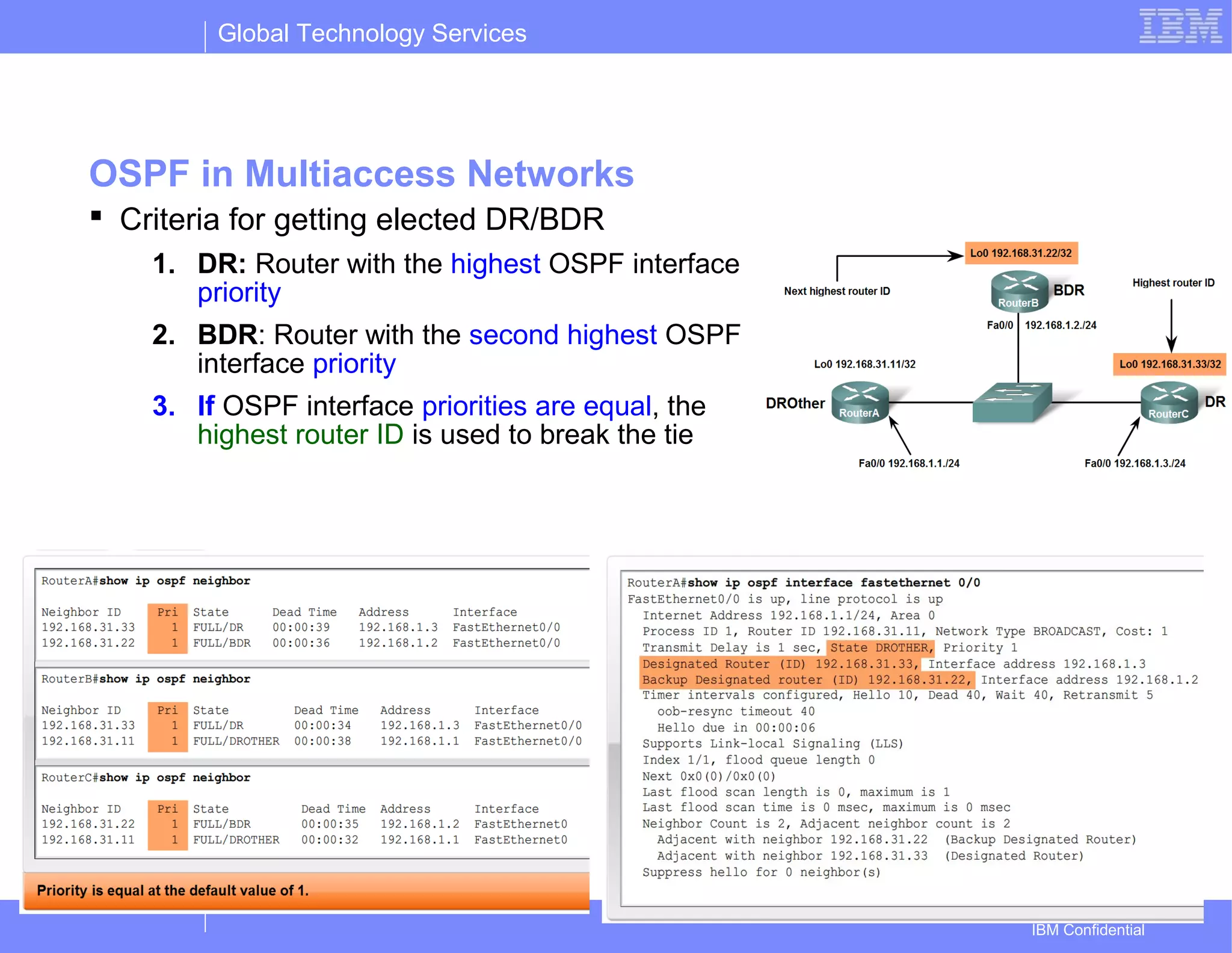 Global Technology Services
IBM Confidential
OSPF in Multiaccess Networks
 Criteria for getting elected DR/BDR
1. DR: Router with the highest OSPF interface
priority
2. BDR: Router with the second highest OSPF
interface priority
3. If OSPF interface priorities are equal, the
highest router ID is used to break the tie
 