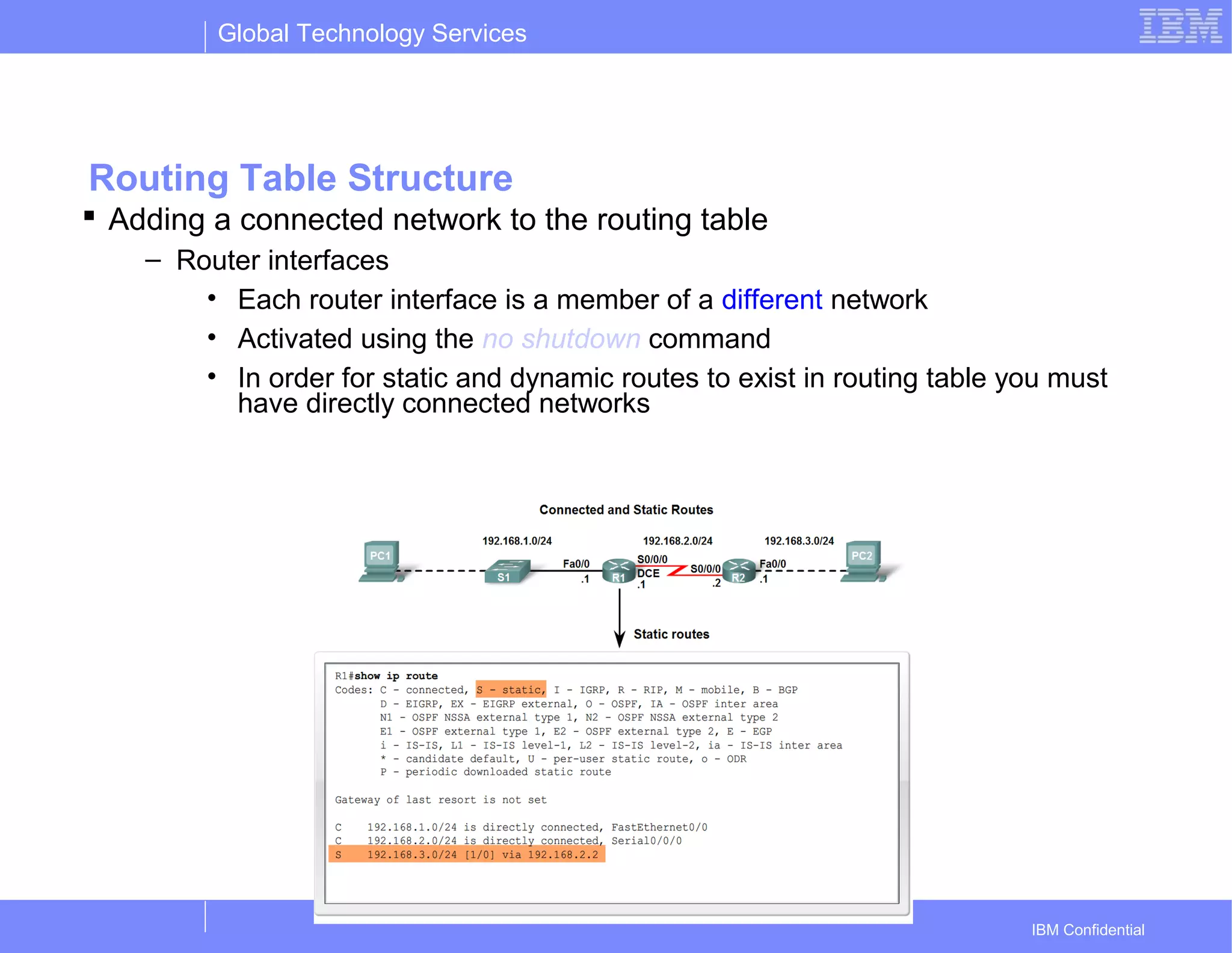 Global Technology Services
IBM Confidential
Routing Table Structure
 Adding a connected network to the routing table
– Router interfaces
• Each router interface is a member of a different network
• Activated using the no shutdown command
• In order for static and dynamic routes to exist in routing table you must
have directly connected networks
 