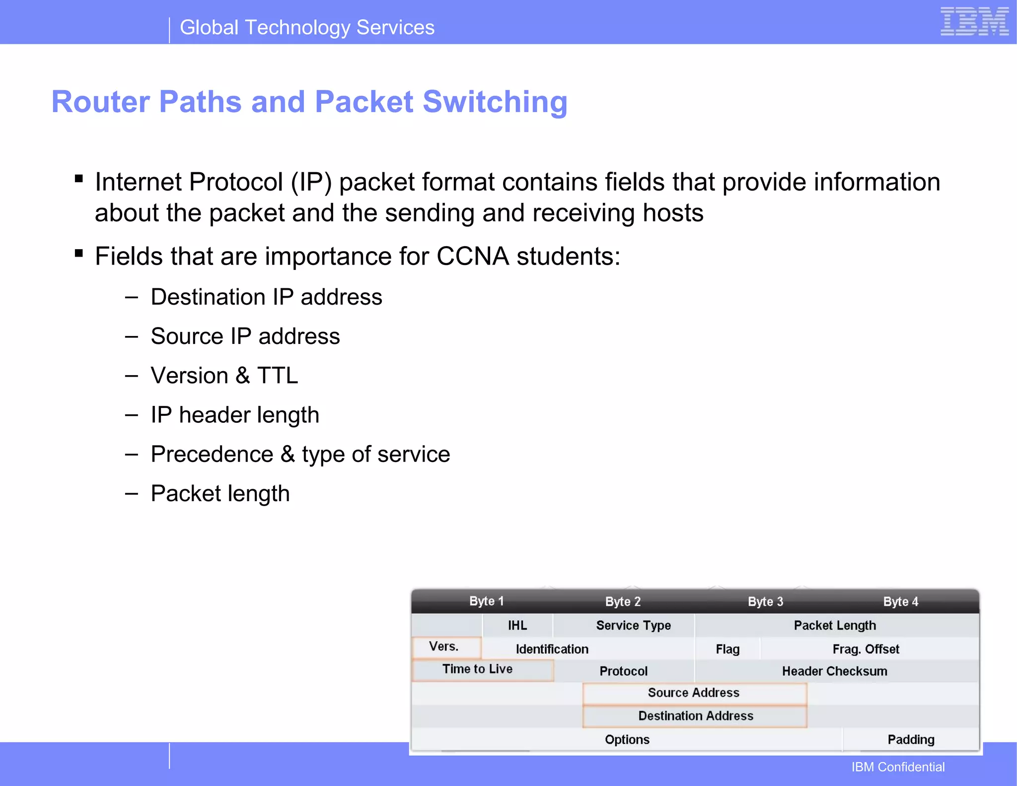 Global Technology Services
IBM Confidential
Router Paths and Packet Switching
 Internet Protocol (IP) packet format contains fields that provide information
about the packet and the sending and receiving hosts
 Fields that are importance for CCNA students:
– Destination IP address
– Source IP address
– Version & TTL
– IP header length
– Precedence & type of service
– Packet length
 