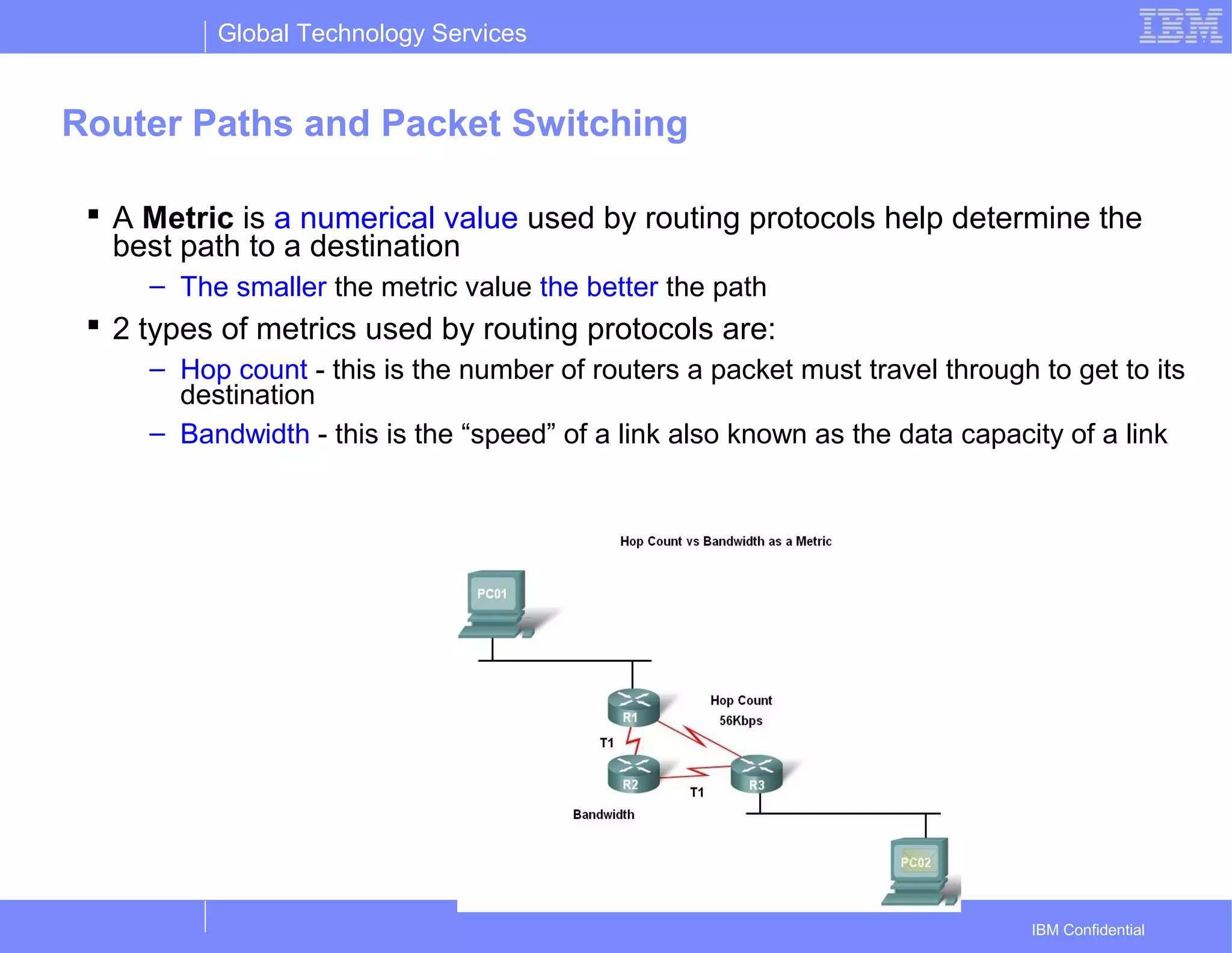 Global Technology Services
IBM Confidential
Router Paths and Packet Switching
 A Metric is a numerical value used by routing protocols help determine the
best path to a destination
– The smaller the metric value the better the path
 2 types of metrics used by routing protocols are:
– Hop count - this is the number of routers a packet must travel through to get to its
destination
– Bandwidth - this is the “speed” of a link also known as the data capacity of a link
 