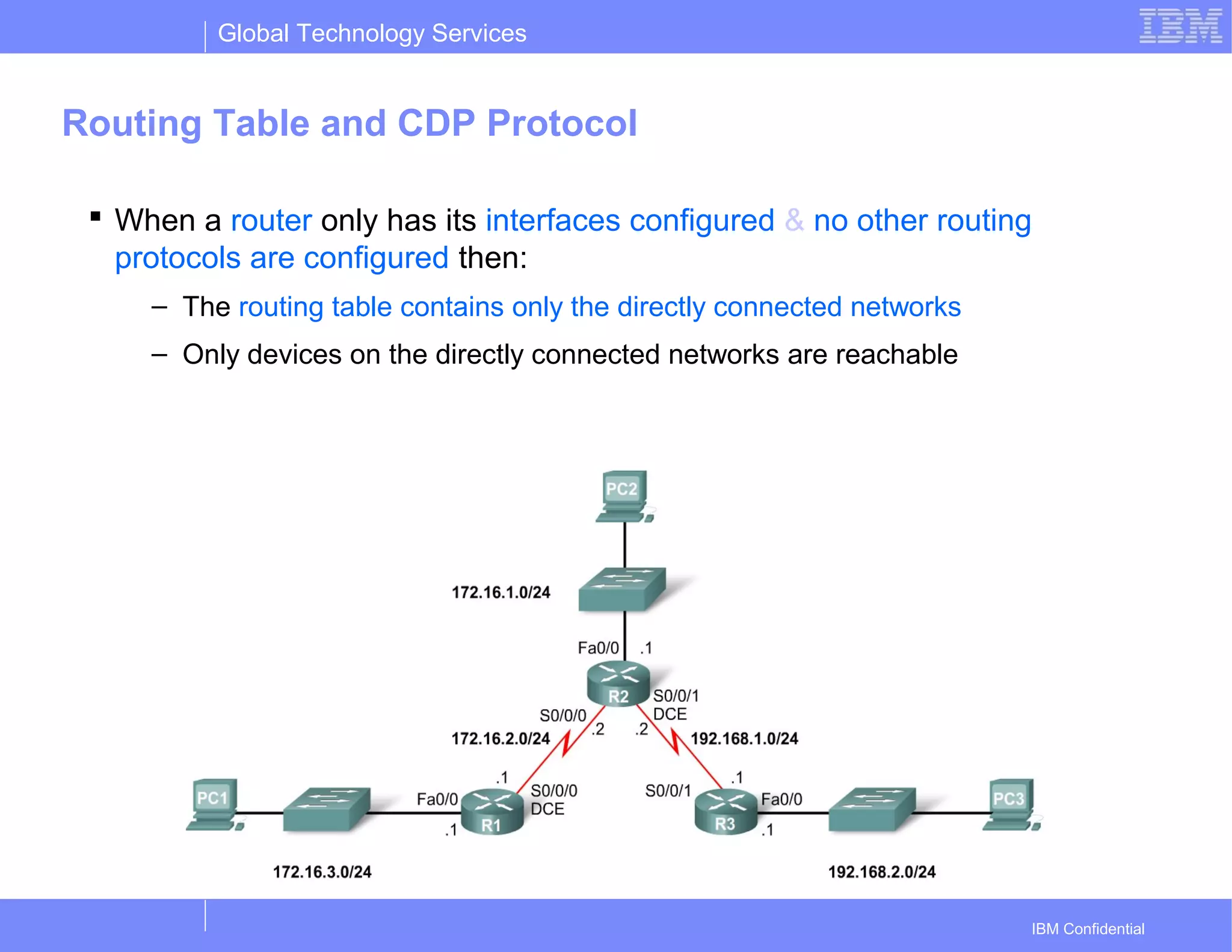 Global Technology Services
IBM Confidential
Routing Table and CDP Protocol
 When a router only has its interfaces configured & no other routing
protocols are configured then:
– The routing table contains only the directly connected networks
– Only devices on the directly connected networks are reachable
 