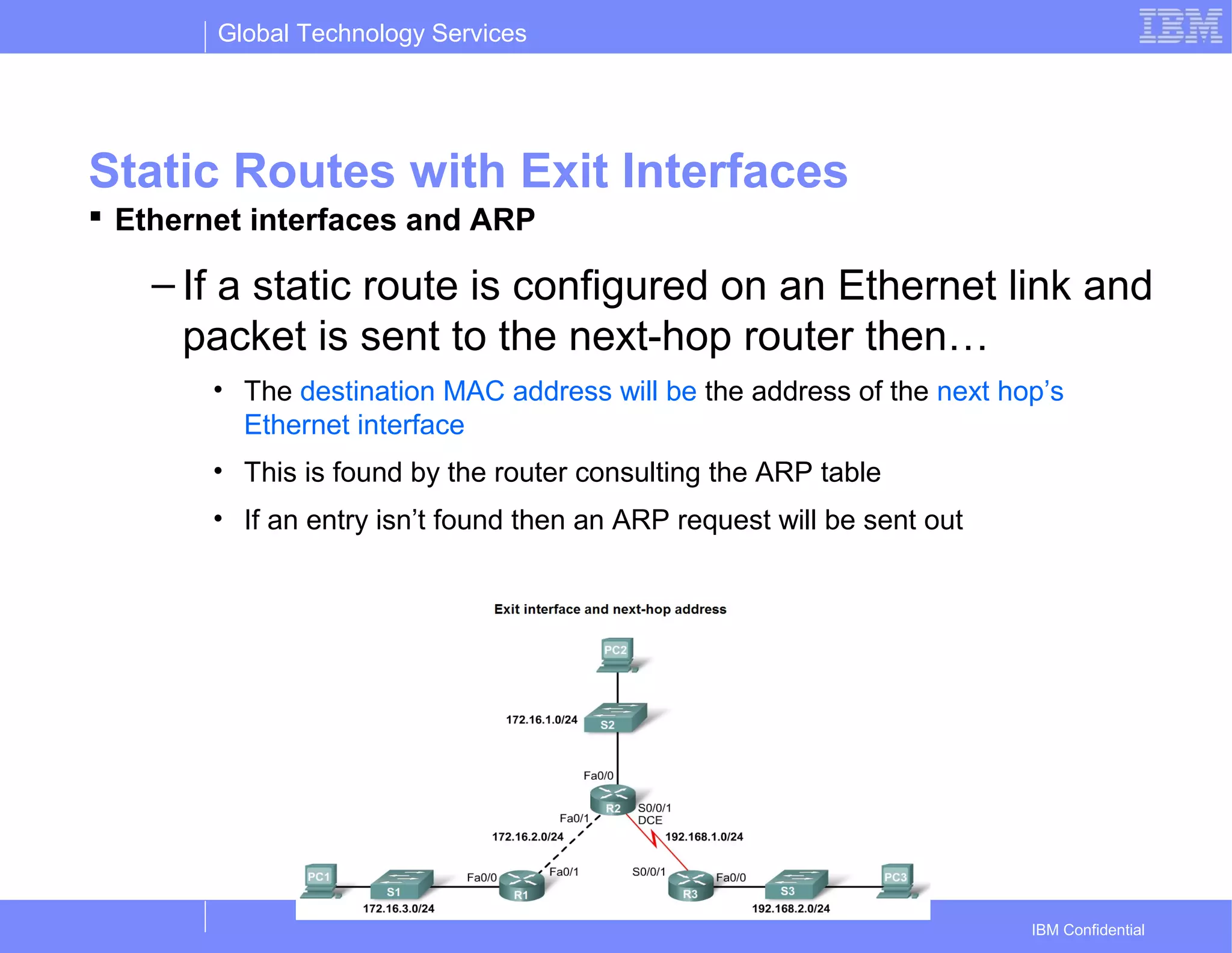 Global Technology Services
IBM Confidential
Static Routes with Exit Interfaces
 Ethernet interfaces and ARP
– If a static route is configured on an Ethernet link and
packet is sent to the next-hop router then…
• The destination MAC address will be the address of the next hop’s
Ethernet interface
• This is found by the router consulting the ARP table
• If an entry isn’t found then an ARP request will be sent out
 