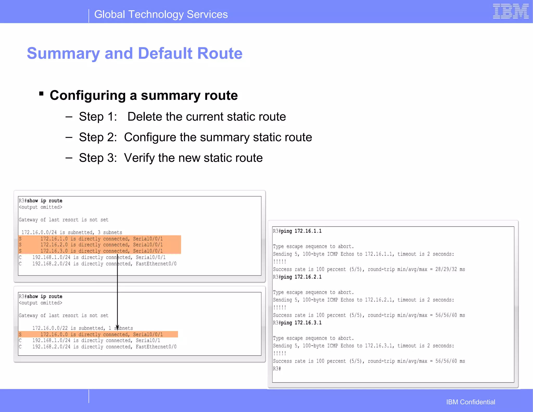 Global Technology Services
IBM Confidential
Summary and Default Route
 Configuring a summary route
– Step 1: Delete the current static route
– Step 2: Configure the summary static route
– Step 3: Verify the new static route
 