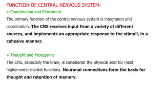FUNCTION OF CENTRAL NERVOUS SYSTEM-
Coordination and Movement
The primary function of the central nervous system is integration and
coordination. The CNS receives input from a variety of different
sources, and implements an appropriate response to the stimuli, in a
cohesive manner.
Thought and Processing
The CNS, especially the brain, is considered the physical seat for most
higher-order mental functions. Neuronal connections form the basis for
thought and retention of memory.
 