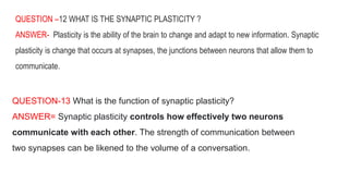 QUESTION –12 WHAT IS THE SYNAPTIC PLASTICITY ?
ANSWER- Plasticity is the ability of the brain to change and adapt to new information. Synaptic
plasticity is change that occurs at synapses, the junctions between neurons that allow them to
communicate.
QUESTION-13 What is the function of synaptic plasticity?
ANSWER= Synaptic plasticity controls how effectively two neurons
communicate with each other. The strength of communication between
two synapses can be likened to the volume of a conversation.
 