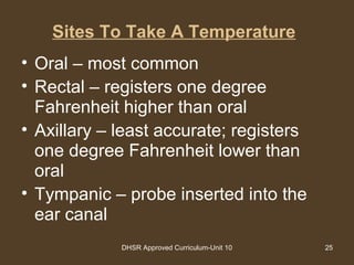 DHSR Approved Curriculum-Unit 10 25
Sites To Take A Temperature
• Oral – most common
• Rectal – registers one degree
Fahrenheit higher than oral
• Axillary – least accurate; registers
one degree Fahrenheit lower than
oral
• Tympanic – probe inserted into the
ear canal
 