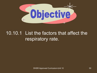 DHSR Approved Curriculum-Unit 10 50
10.10.1 List the factors that affect the
respiratory rate.
 