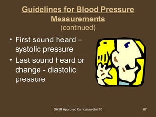 DHSR Approved Curriculum-Unit 10 67
Guidelines for Blood Pressure
Measurements
(continued)
• First sound heard –
systolic pressure
• Last sound heard or
change - diastolic
pressure
 
