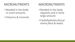 MICRONUTRIENTS
▪Needed in the body
in small amounts.
▪Vitamins & minerals
MACRONUTRIENTS
▪Needed in the body
regularly and in fairly
large amount.
▪Carbohydrates,fats,pr
oteins,fibre & water.
 