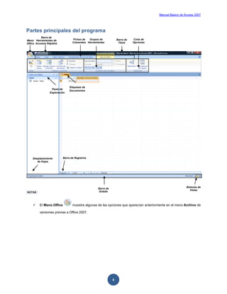 Manual Básico de Access 2007




Partes principales del programa
           Barra de
Menú Herramientas de             Fichas de Grupos de            Barra de   Cinta de
Office Accesos Rápidos           Comandos Herramientas           Título    Opciones




                               Etiquetas de
                 Panel de
                               Documentos
                Exploración




    Desplazamiento        Barra de Registros
       de Hojas




                                                                                                         Botones de
                                                 Barra de
                                                                                                           Vistas
NOTAS                                             Estado




        El Menú Office          muestra algunas de las opciones que aparecían anteriormente en el menú Archivo de

         versiones previas a Office 2007.




                                                            6
 