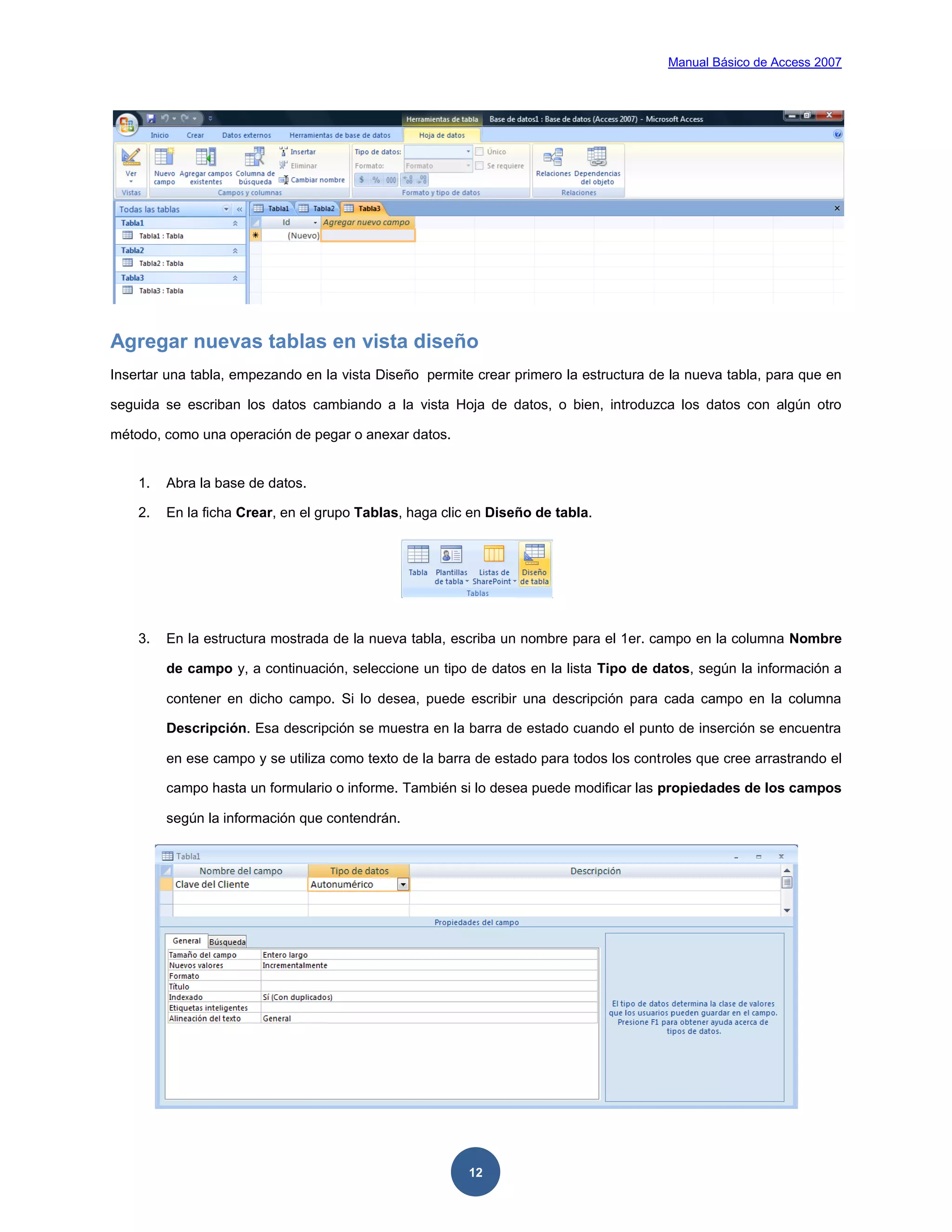 Manual Básico de Access 2007




Agregar nuevas tablas en vista diseño
Insertar una tabla, empezando en la vista Diseño permite crear primero la estructura de la nueva tabla, para que en

seguida se escriban los datos cambiando a la vista Hoja de datos, o bien, introduzca los datos con algún otro

método, como una operación de pegar o anexar datos.


    1.   Abra la base de datos.

    2.   En la ficha Crear, en el grupo Tablas, haga clic en Diseño de tabla.




    3.   En la estructura mostrada de la nueva tabla, escriba un nombre para el 1er. campo en la columna Nombre

         de campo y, a continuación, seleccione un tipo de datos en la lista Tipo de datos, según la información a

         contener en dicho campo. Si lo desea, puede escribir una descripción para cada campo en la columna

         Descripción. Esa descripción se muestra en la barra de estado cuando el punto de inserción se encuentra

         en ese campo y se utiliza como texto de la barra de estado para todos los controles que cree arrastrando el

         campo hasta un formulario o informe. También si lo desea puede modificar las propiedades de los campos

         según la información que contendrán.




                                                         12
 