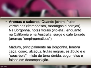 • Aromas e sabores: Quando jovem, frutas
vermelhas (framboesas, morangos e cerejas).
Na Borgonha, notas florais (violeta), enquanto
na Califórnia e na Austrália, surge o café torrado
(aromas "empireumáticos").
Maduro, principalmente na Borgonha, lembra
caça, couro, alcaçuz, trufas negras, estábulo e o
"sous-bois", misto de terra úmida, cogumelos e
folhas em decomposição.
 