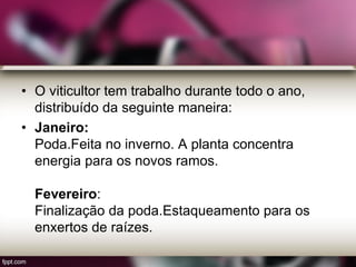 • O viticultor tem trabalho durante todo o ano,
distribuído da seguinte maneira:
• Janeiro:
Poda.Feita no inverno. A planta concentra
energia para os novos ramos.
Fevereiro:
Finalização da poda.Estaqueamento para os
enxertos de raízes.
 