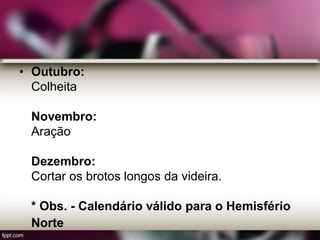 • Outubro:
Colheita
Novembro:
Aração
Dezembro:
Cortar os brotos longos da videira.
* Obs. - Calendário válido para o Hemisfério
Norte
 