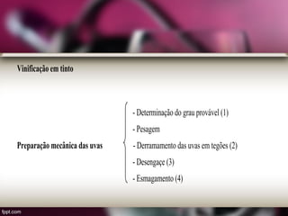 Vinificação em tinto
- Determinação do grau provável (1)
- Pesagem
Preparação mecânica das uvas - Derramamento das uvas em tegões (2)
- Desengaçe (3)
- Esmagamento (4)
 